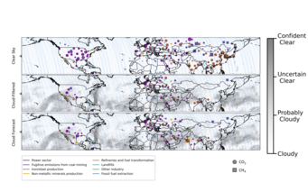 Simulierte Abdeckung von Punktquellen für den 18. bis 22. März 2022 für drei verschiedenen Szenarien, basierend auf der Umlaufbahn und dem Beobachtungsmodus von TANGO. Das obere Feld zeigt alle Ziele, die bei Abwesenheit von Wolken gemessen werden könnten, das mittlere Feld zeigt die nach Wolken gefilterten Ziele, und das untere Feld zeigt die beobachtbaren Ziele bei einer einfachen (auf Persistenz basierenden) Wolkenvorhersage, die auf den Satellitenwolkendaten des Vortags basiert. Simulierte Abdeckung von Punktquellen für den 18. bis 22. März 2022 für drei verschiedenen Szenarien, basierend auf der Umlaufbahn und dem Beobachtungsmodus von TANGO. Das obere Feld zeigt alle Ziele, die bei Abwesenheit von Wolken gemessen werden könnten, das mittlere Feld zeigt die nach Wolken gefilterten Ziele, und das untere Feld zeigt die beobachtbaren Ziele bei einer einfachen (auf Persistenz basierenden) Wolkenvorhersage, die auf den Satellitenwolkendaten des Vortags basiert.